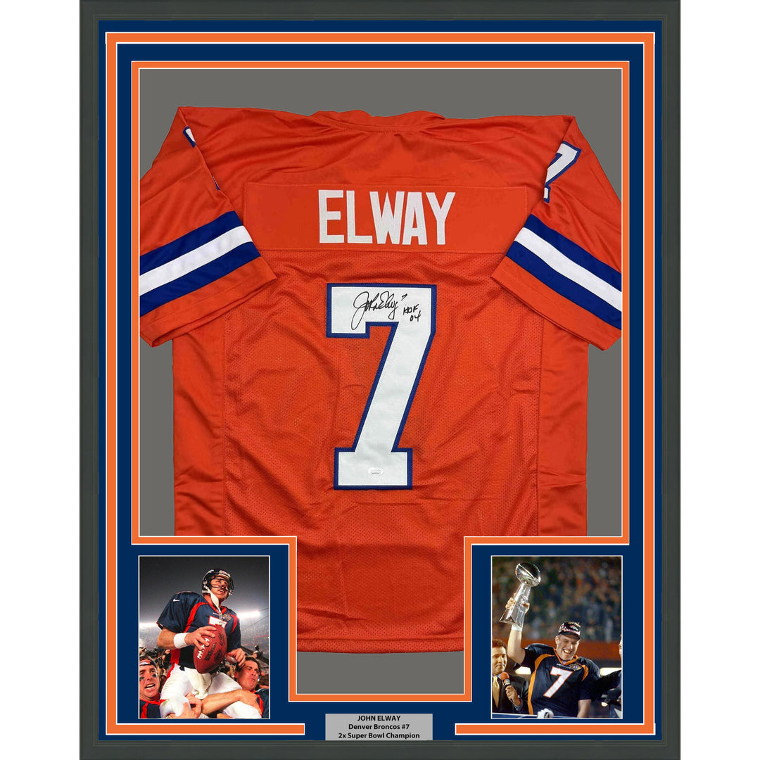 Framed Autographed/Signed John Elway 35x39 Denver Orange Retro Jersey JSA COA