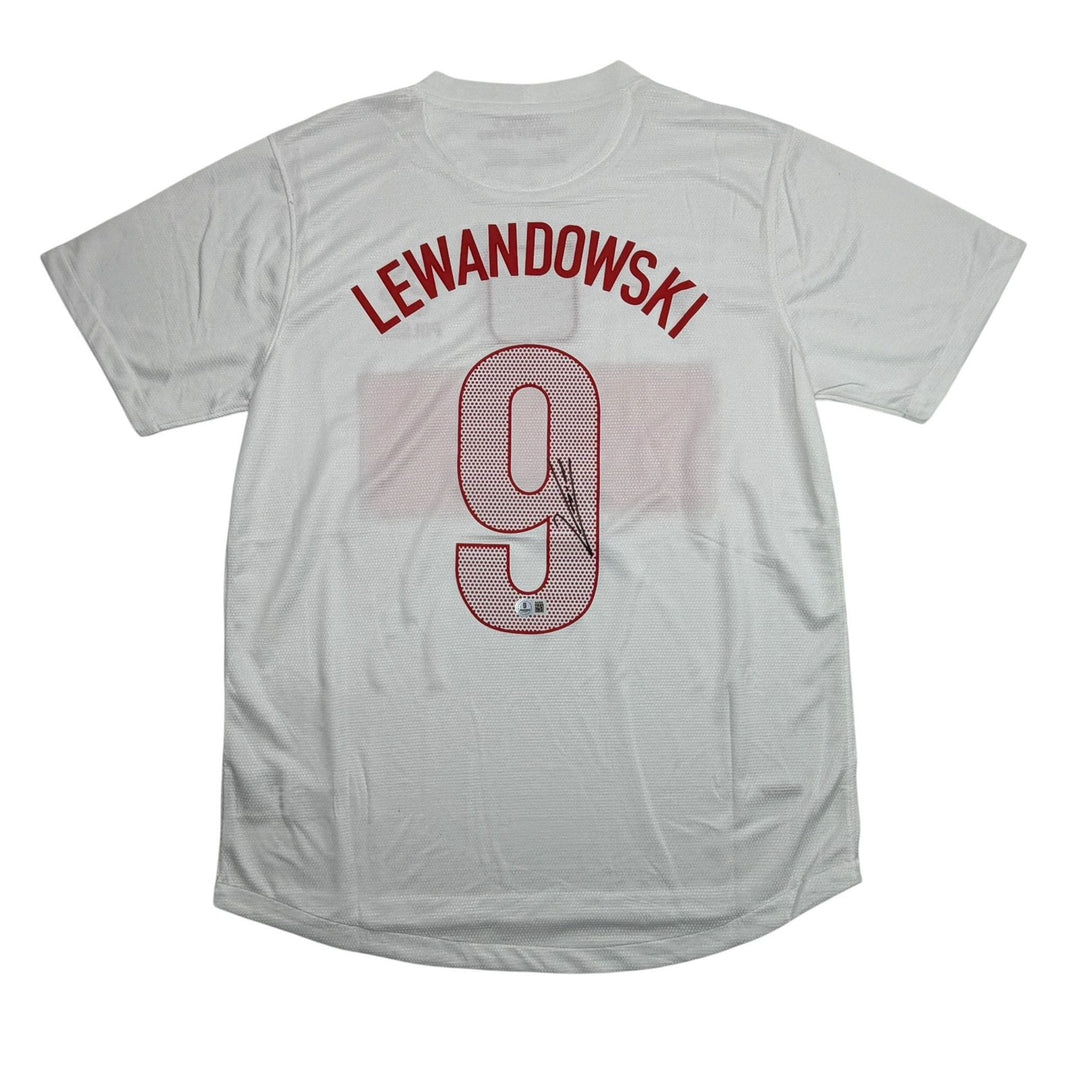 Autographed/Signed Robert Lewandowski Poland White Soccer Jersey Beckett BAS COA