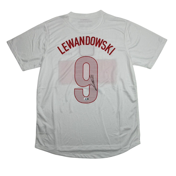Autographed/Signed Robert Lewandowski Poland White Soccer Jersey Beckett BAS COA