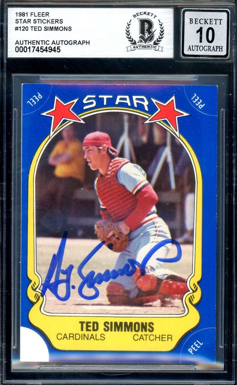 Ted Simmons Gem Mint 10 Beckett BAS Signed 1981 Fleer Star Stickers Autograph