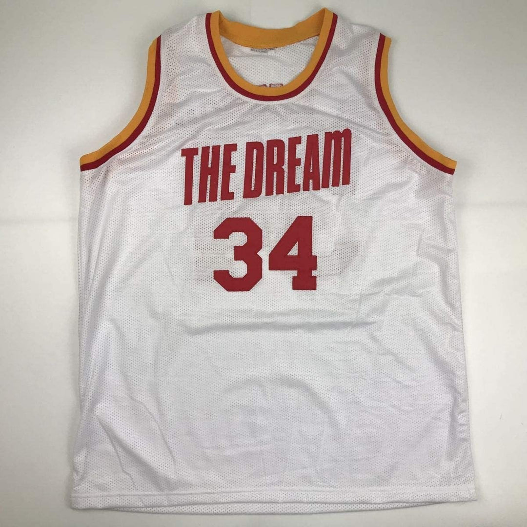 Autographed/Signed Hakeem Olajuwon Houston White Jersey Beckett BAS COA