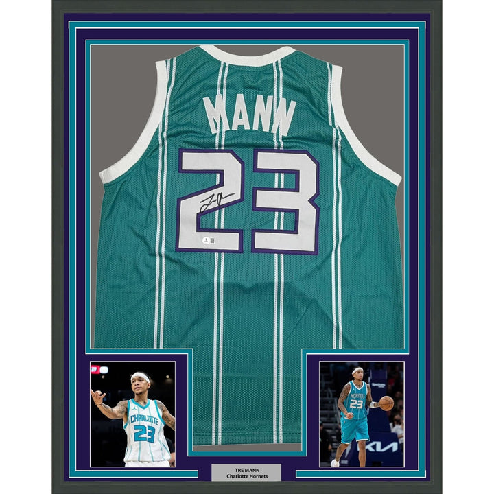 Framed Autographed/Signed Tre Mann 35x39 Charlotte Teal Jersey Beckett COA