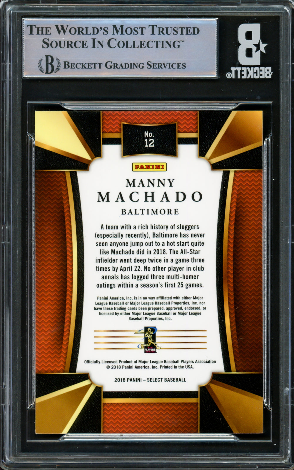 Manny Machado Autographed 2016 Panini Select Card #12 Orioles Beckett #16545582