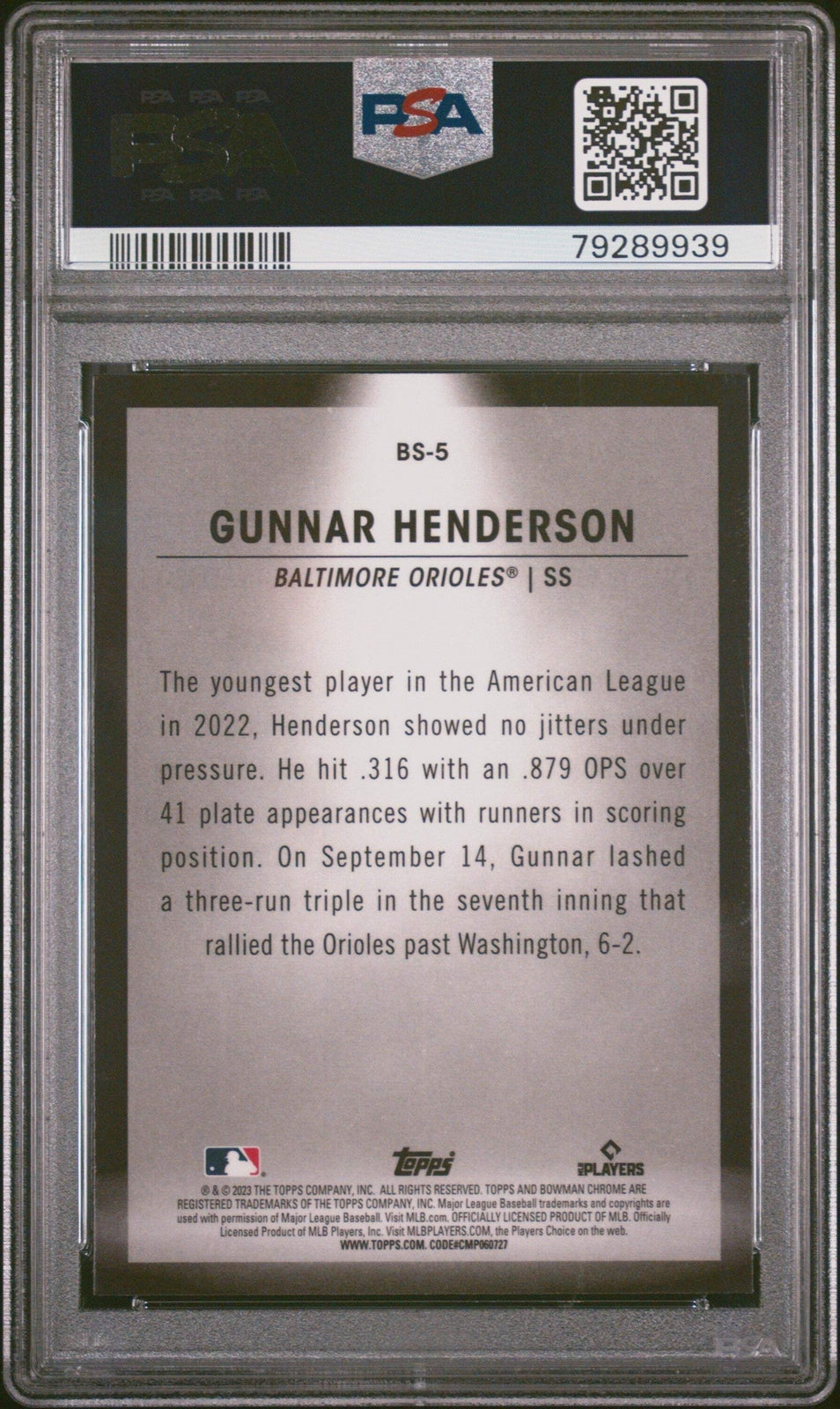 Graded 2023 Bowman Gunnar Henderson #BS5 Spotlights RC Baseball Card PSA 10