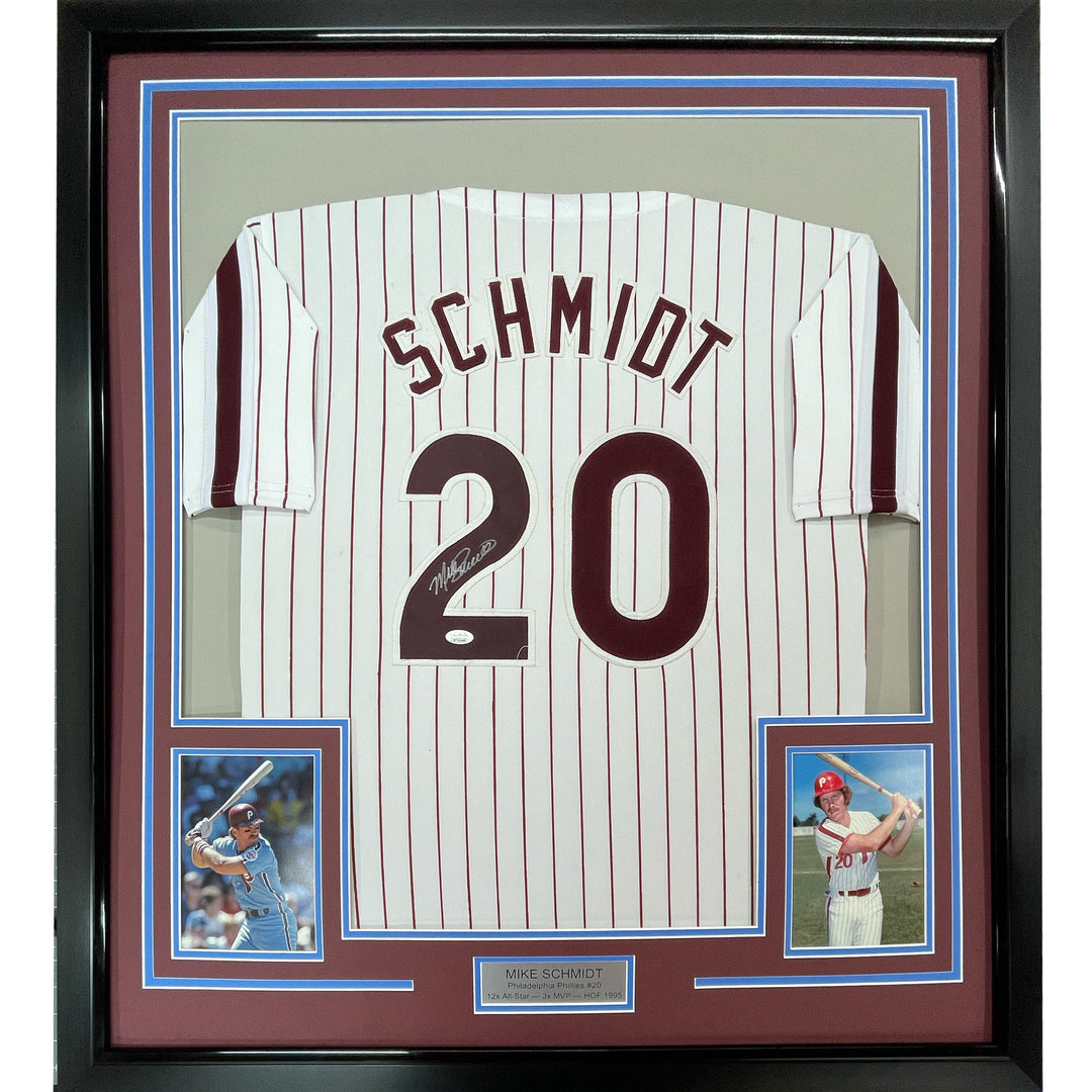 FRAMED Autographed/Signed MIKE SCHMIDT 33x42 Philly Pinstripe Jersey JSA COA