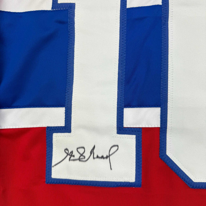 Framed Autographed/Signed Henri Richard 35x39 Montreal Red Jersey JSA COA