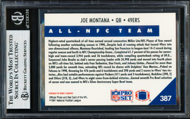 Joe Montana Signed 1991 Pro Set Card 387 San Francisco 49ers Beckett