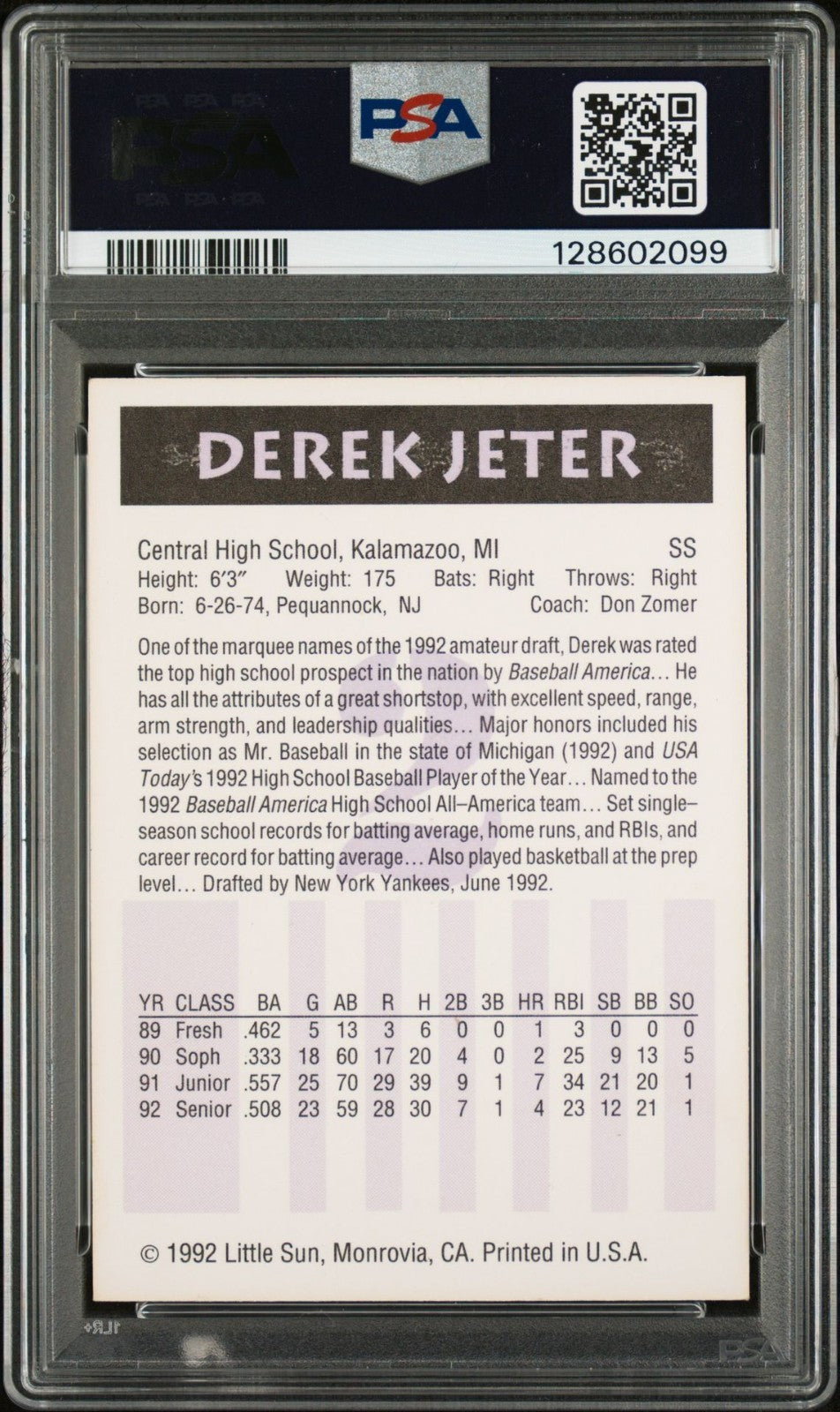 DEREK JETER SIGNED 1992 LITTLE SUN #2 RC HIGH SCHOOL PROSPECT ROOKIE PSA AUTO