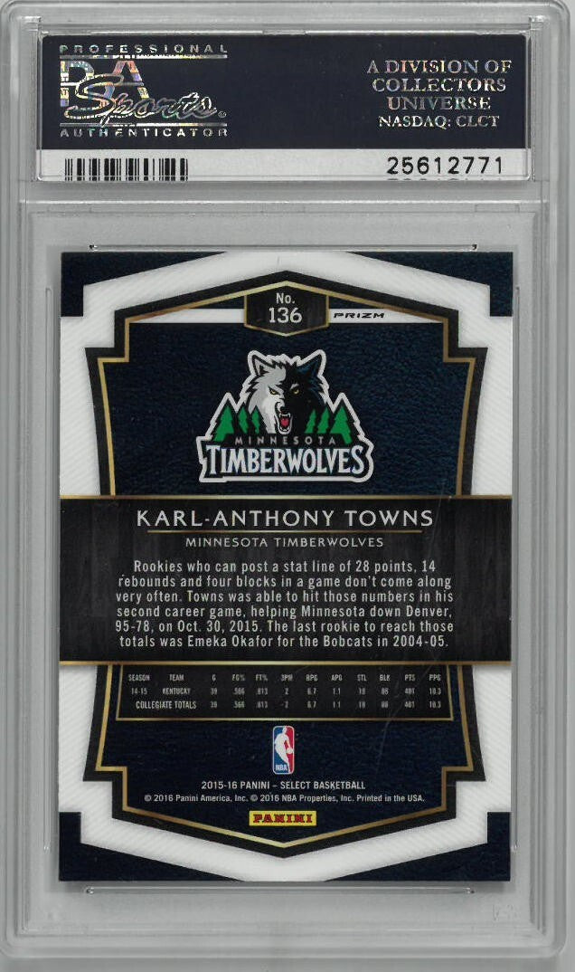 Karl-Anthony Towns 2015-16 Panini Select Prizm RC Card  #138 PSA Graded 10 GemMT