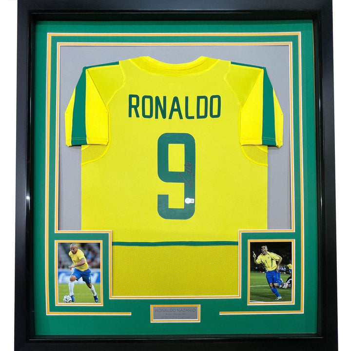 Framed Autographed/Signed Ronaldo Nazario 33x42 Brazil Yellow Jersey BAS COA