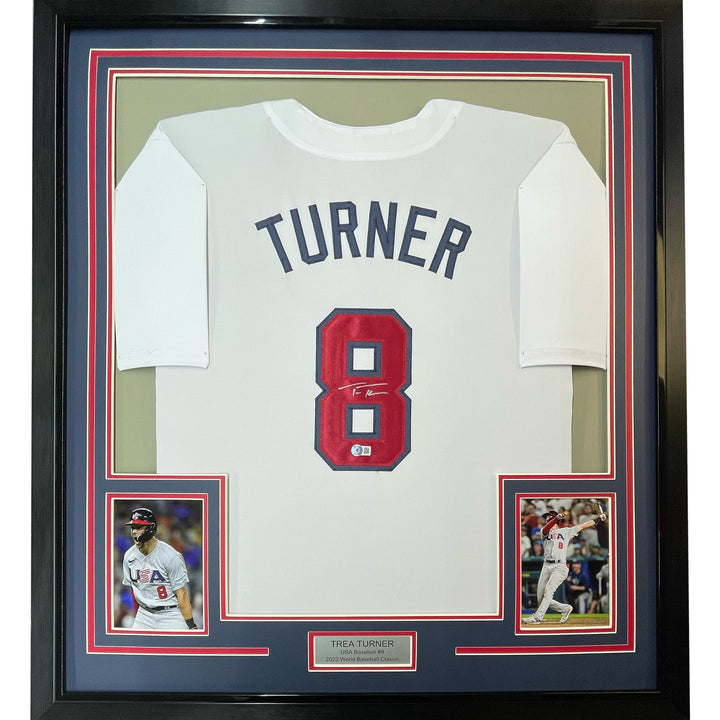 Framed Autographed/Signed Trea Turner 33x42 USA White Jersey Beckett BAS COA