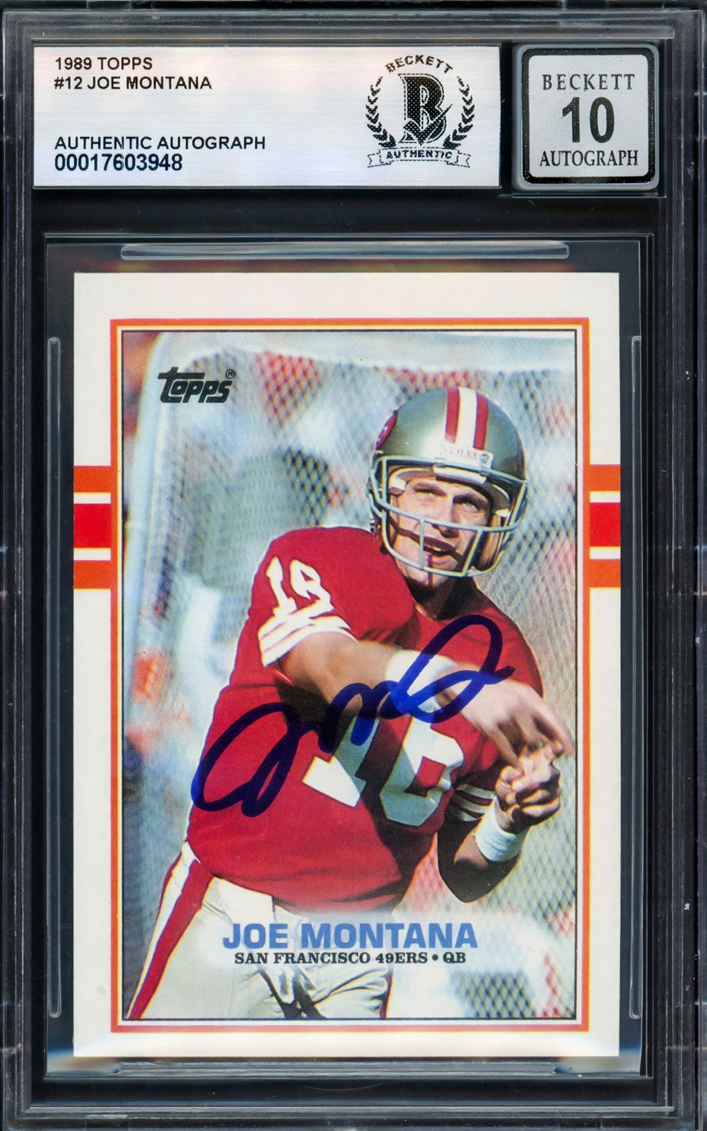 Joe Montana Signed 1989 Topps Card 12 San Francisco 49ers Auto GM 10 Beckett