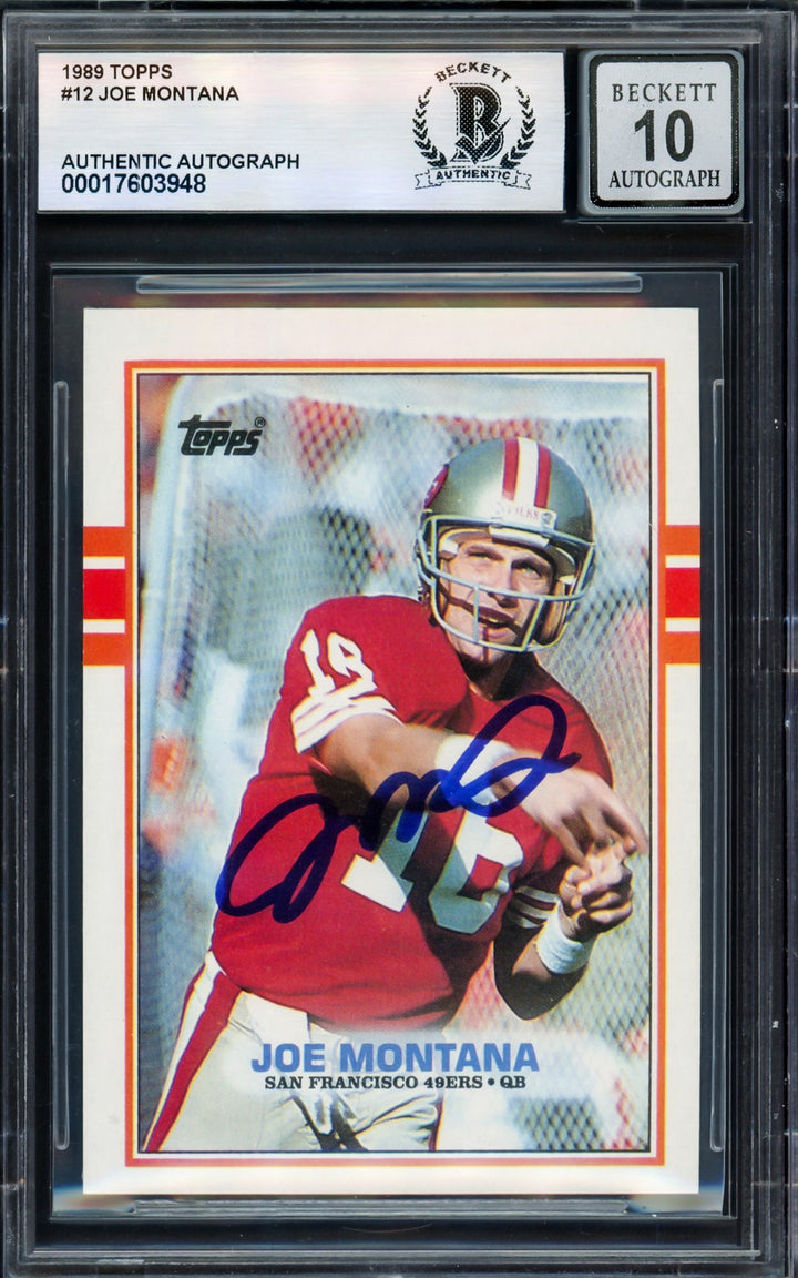Joe Montana Signed 1989 Topps Card 12 San Francisco 49ers Auto GM 10 Beckett
