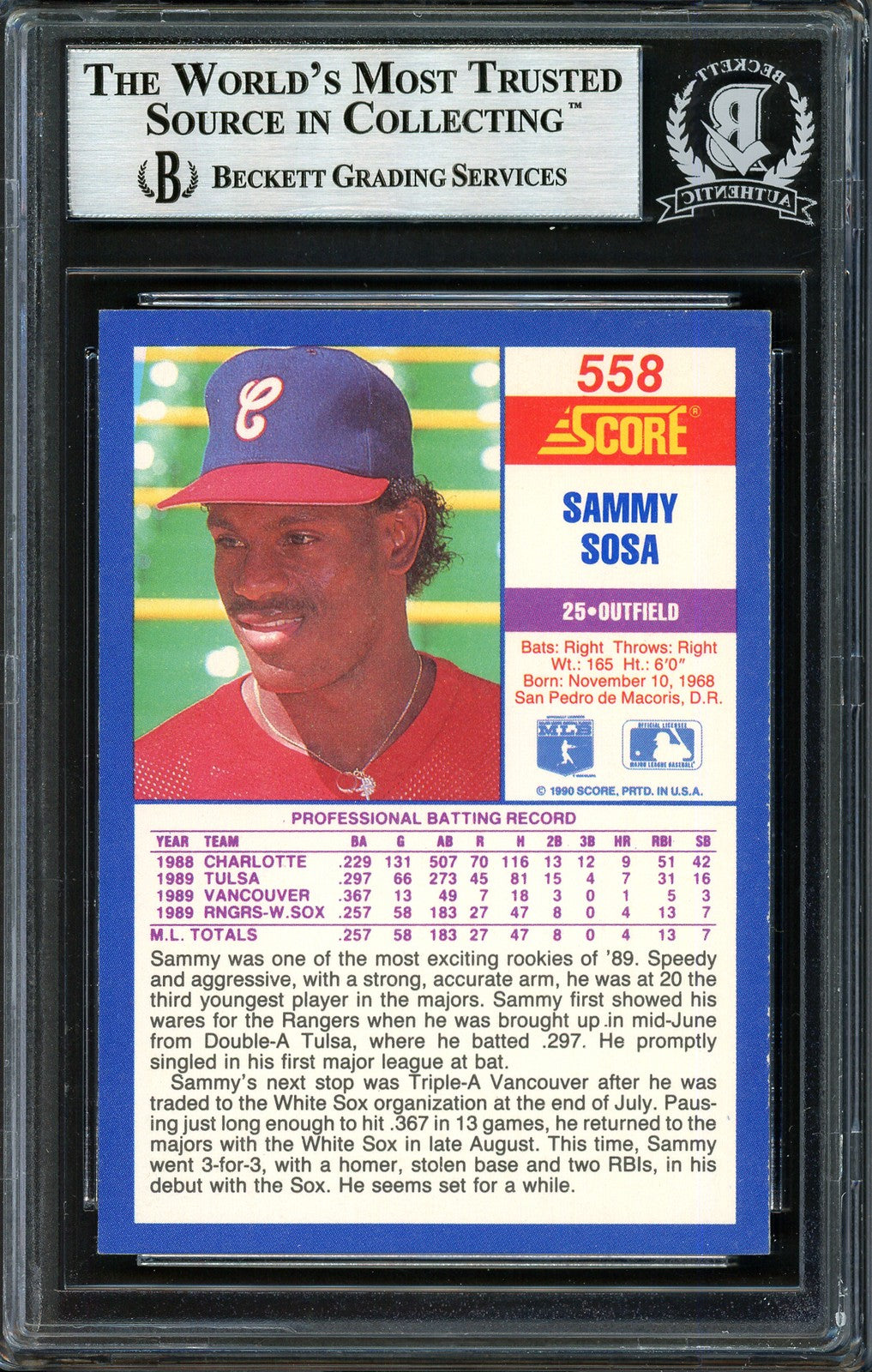 Sammy Sosa Signed 1990 Score RC 558 Chicago White Sox Beckett #12409978