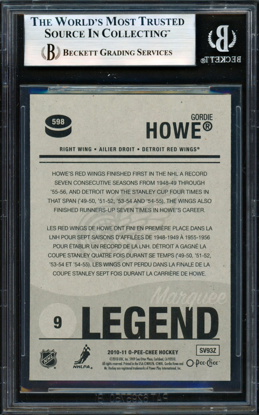 Gordie Howe Signed 2010-11 O Pee Chee Marquee Card #598 Red Wings Beckett