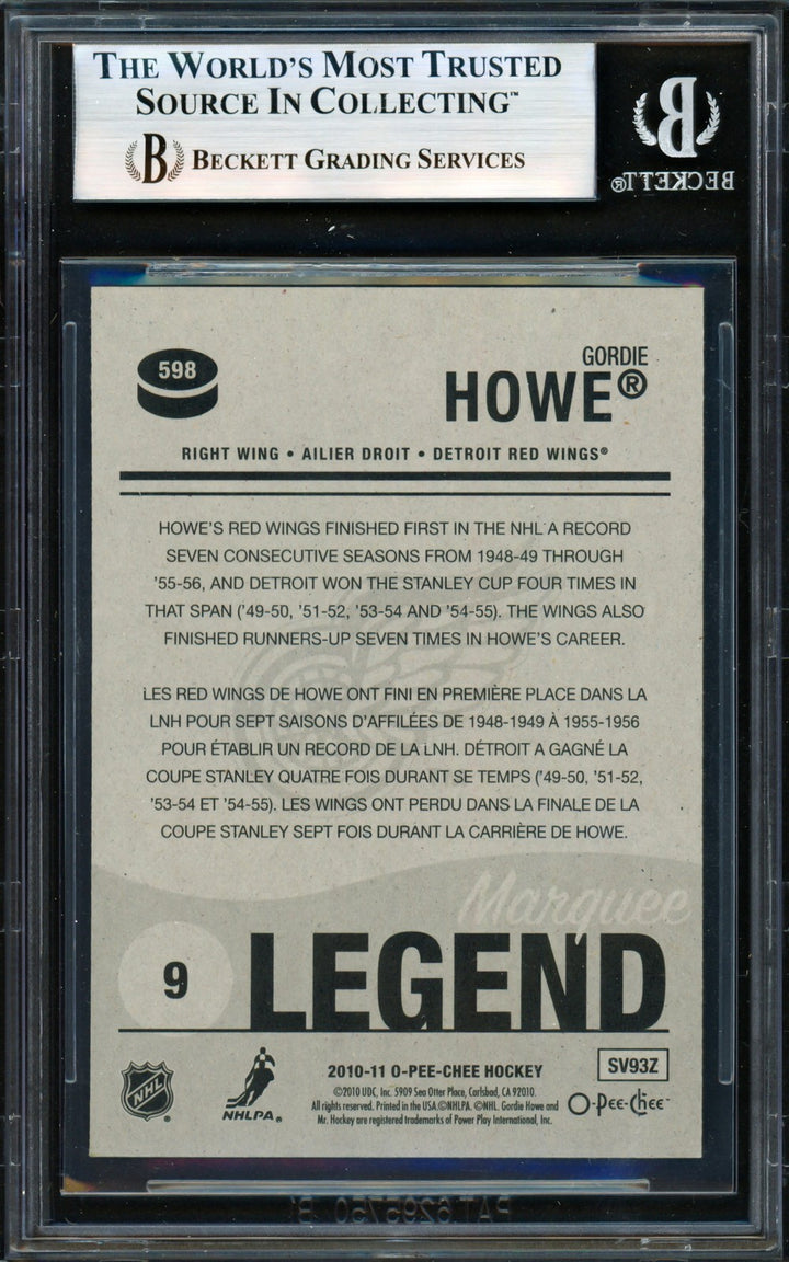 Gordie Howe Signed 2010-11 O Pee Chee Marquee Card #598 Red Wings Beckett