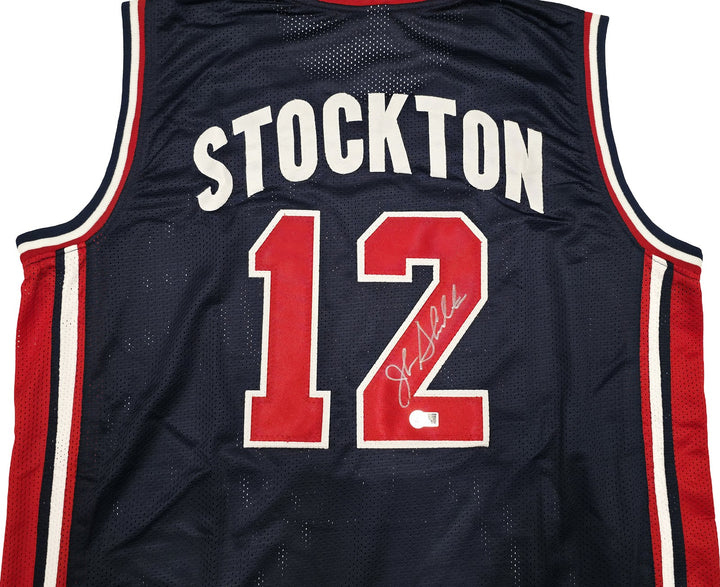 Team USA John Stockton Autographed Blue Jersey Beckett BAS Witness