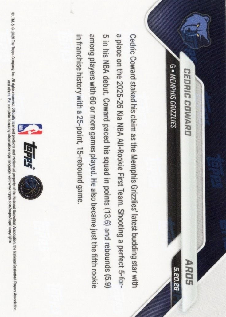 2025 Topps Now Cedric Coward #AR05 Gold Foil /50 Rookie Basketball Card