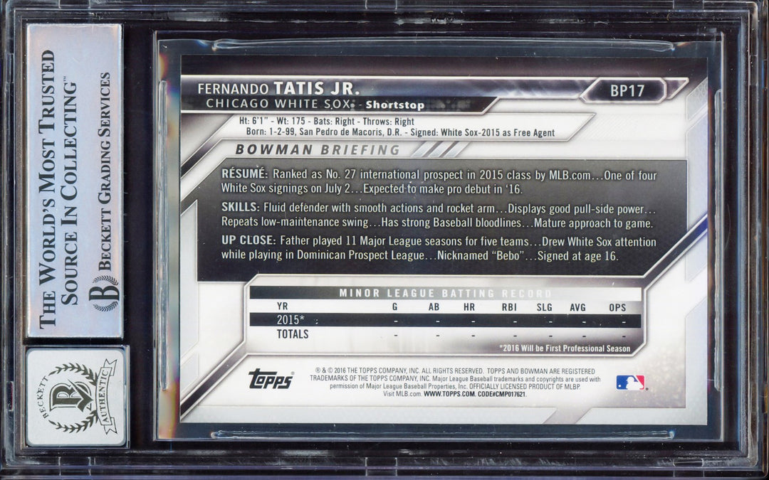 Fernando Tatis Jr. Auto 2016 Bowman Prospect RC BP17 Padres BGS 8 Sig 10 Beckett