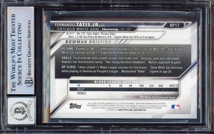 Fernando Tatis Jr. Auto 2016 Bowman Prospect RC BP17 Padres BGS 8 Sig 10 Beckett