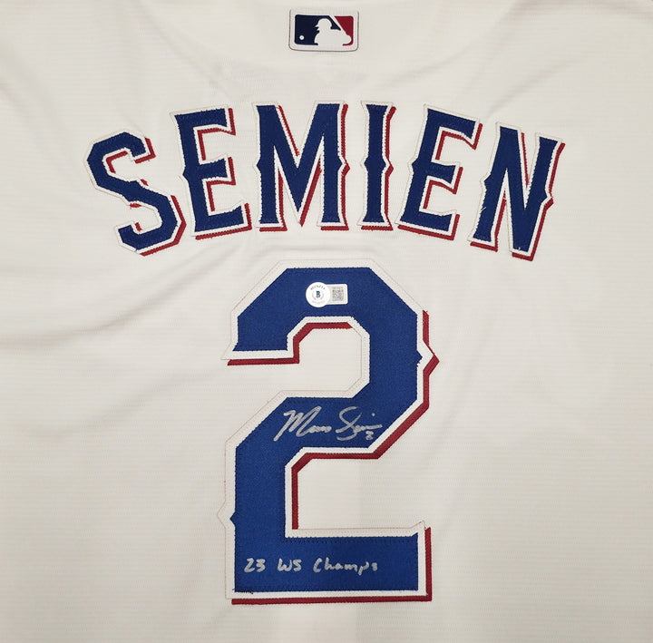 Rangers Marcus Semien Auto White Nike Jersey Size XXL "23 WS Champs" Beckett Wit