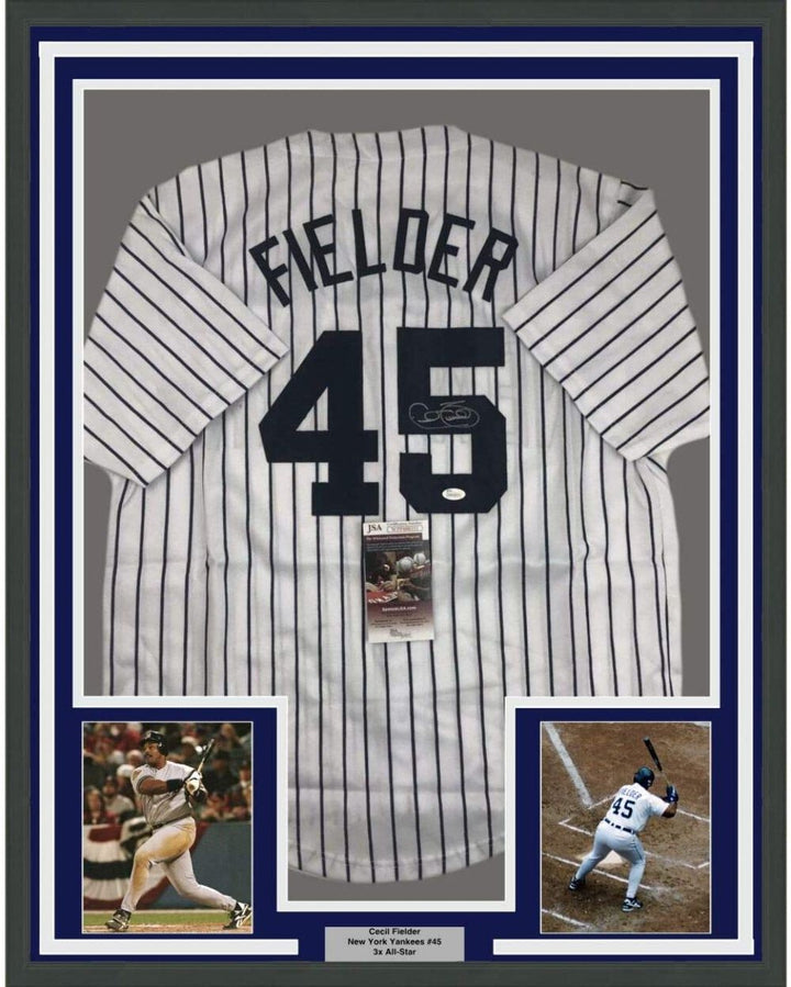 FRAMED Autographed/Signed CECIL FIELDER 33x42 New York Pinstripe Jersey JSA COA
