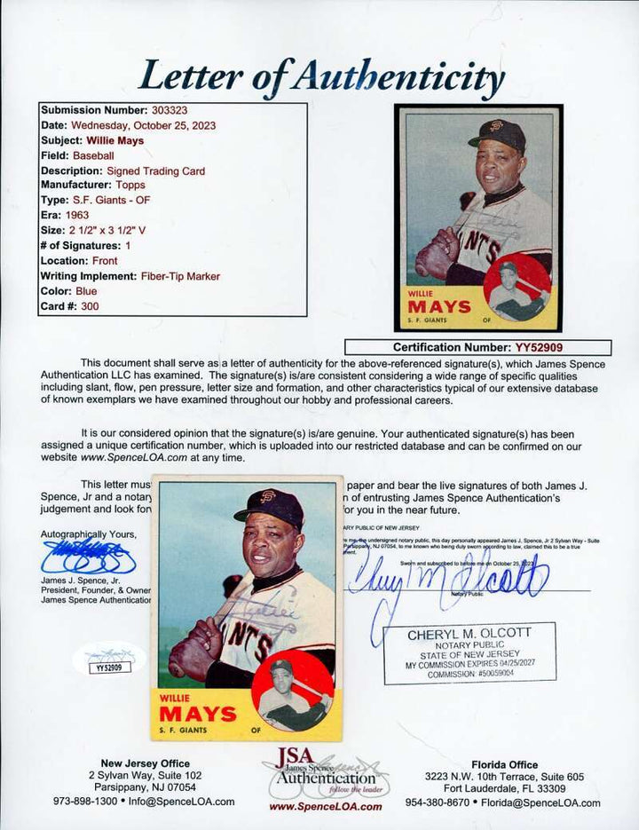 Willie Mays JSA Coa Signed 1963 Topps Autograph