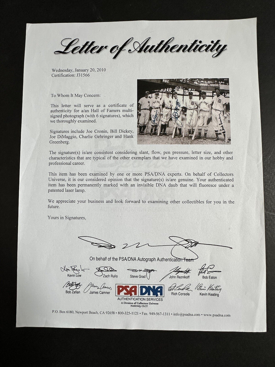 1937 All-Star game Team Signed photo Joe DiMaggio Hank Greenberg 5 Auto Psa Coa