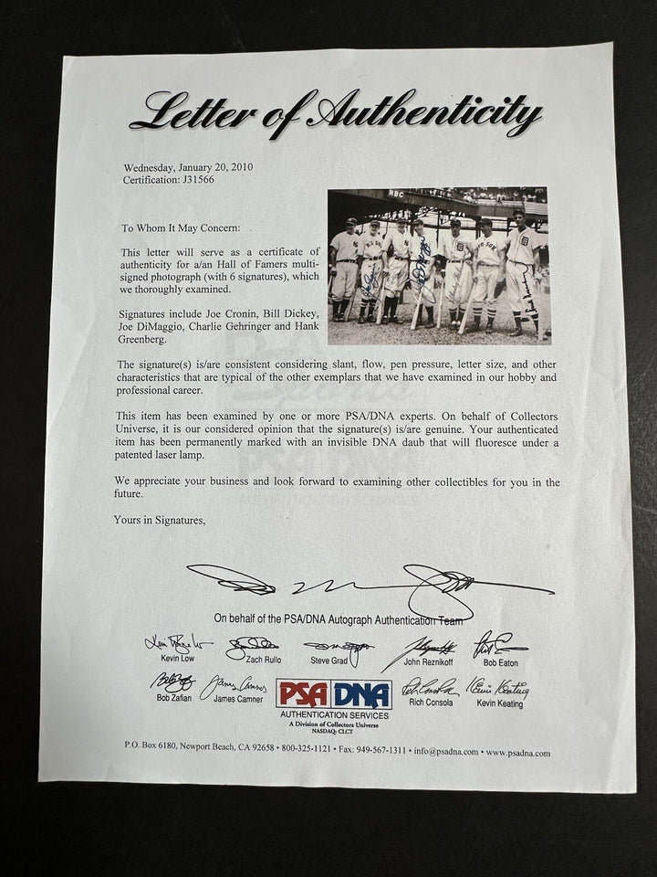 1937 All-Star game Team Signed photo Joe DiMaggio Hank Greenberg 5 Auto Psa Coa