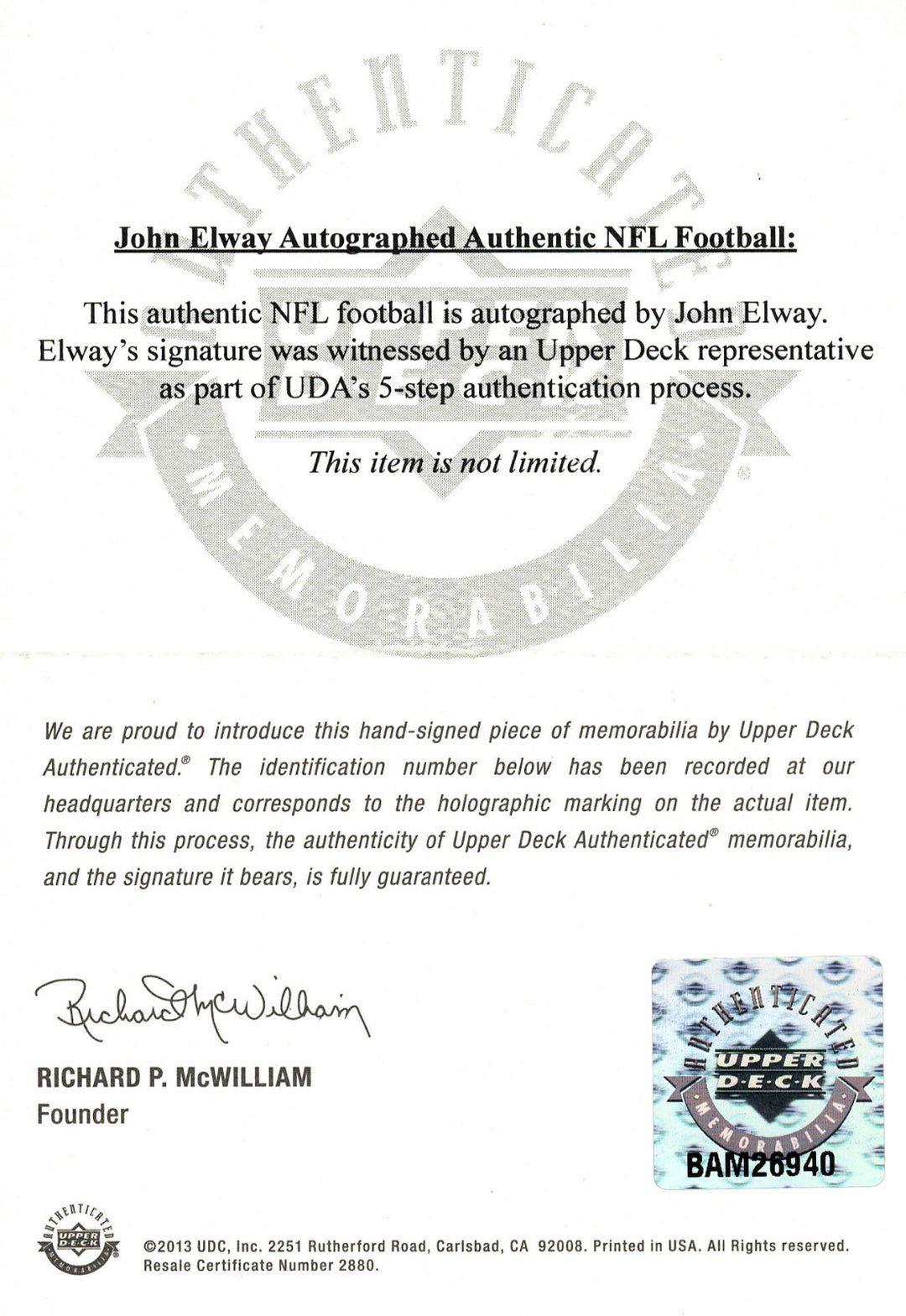 John Elway Autographed Duke Official NFL Football Denver Broncos UDA COA Signed