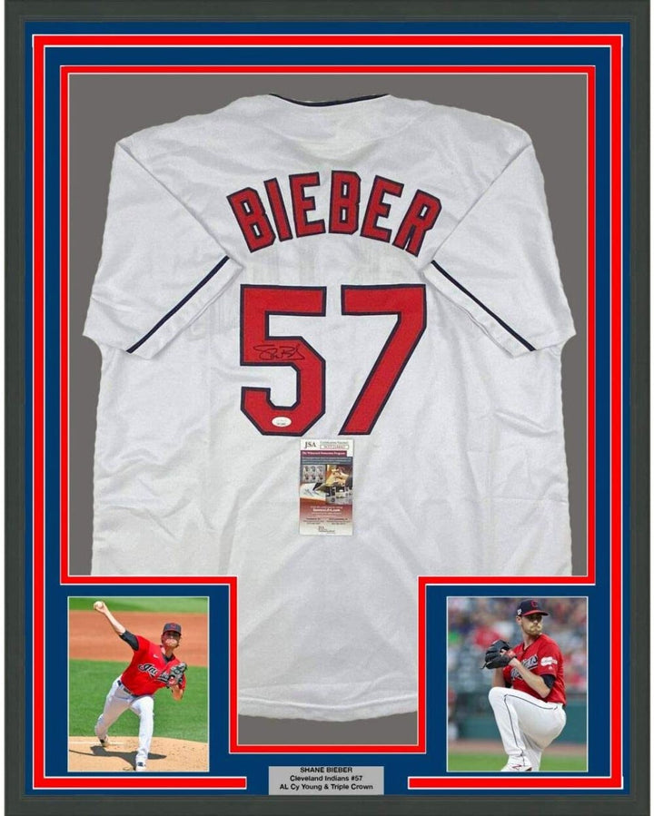 FRAMED Autographed/Signed SHANE BIEBER 33x42 Cleveland White Jersey JSA COA Auto