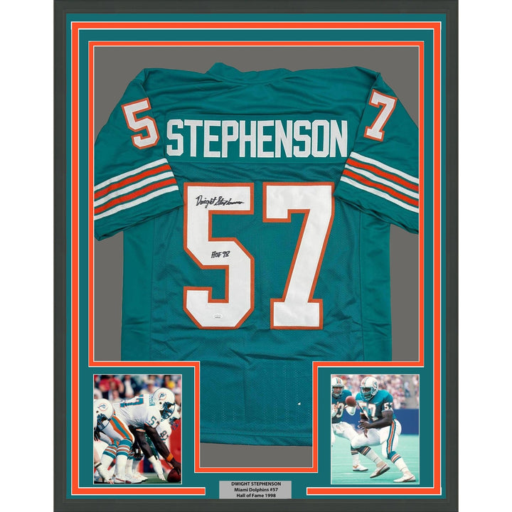 Framed Signed Dwight Stephenson 35x39 HOF Miami Teal Jersey JSA COA