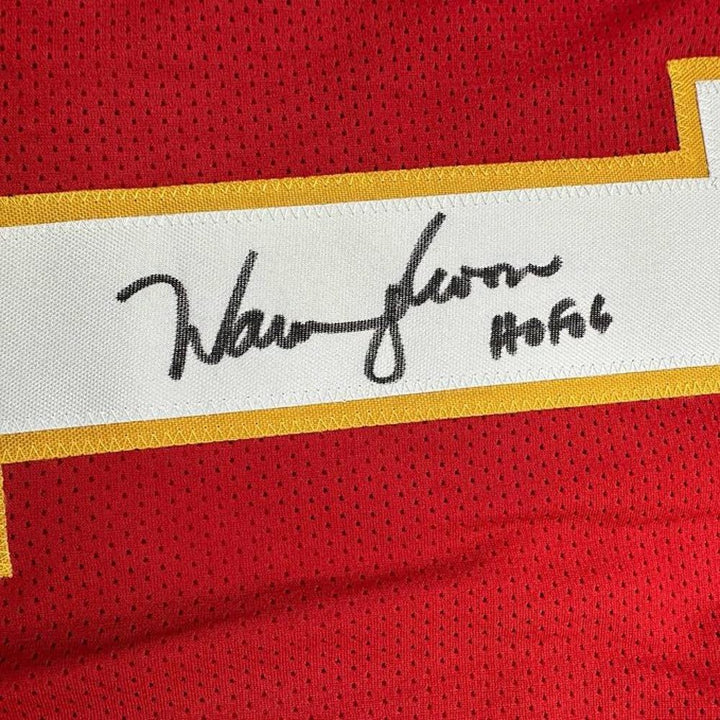 Framed Autographed/Signed Warren Moon 35x39 HOF Kansas City Red Jersey JSA COA