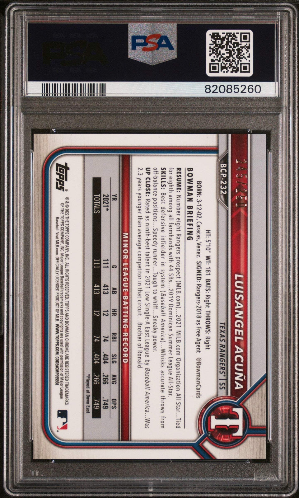 Graded 2022 BWM Chrome M/B Luisangel Acuna #232 Purple /250 Baseball Card PSA 10