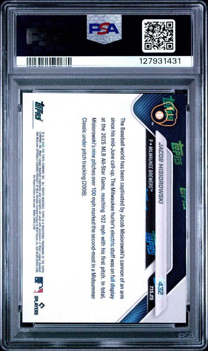 Graded 2025 Topps Now Jacob Misiorowski #432 Rookie RC Baseball Card PSA 10 Mint