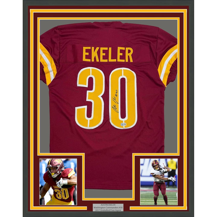 Framed Autographed/Signed Austin Ekeler 35x39 Washington Jersey Beckett COA