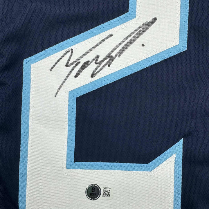 Framed Autographed/Signed Tony Pollard 35x39 Tennessee Blue Jersey BAS COA
