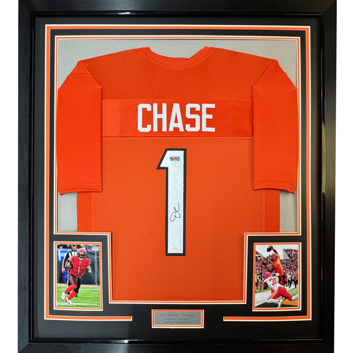 Framed Autographed/Signed Ja'Marr Chase 33x42 Cincinnati Orange Jersey BAS COA