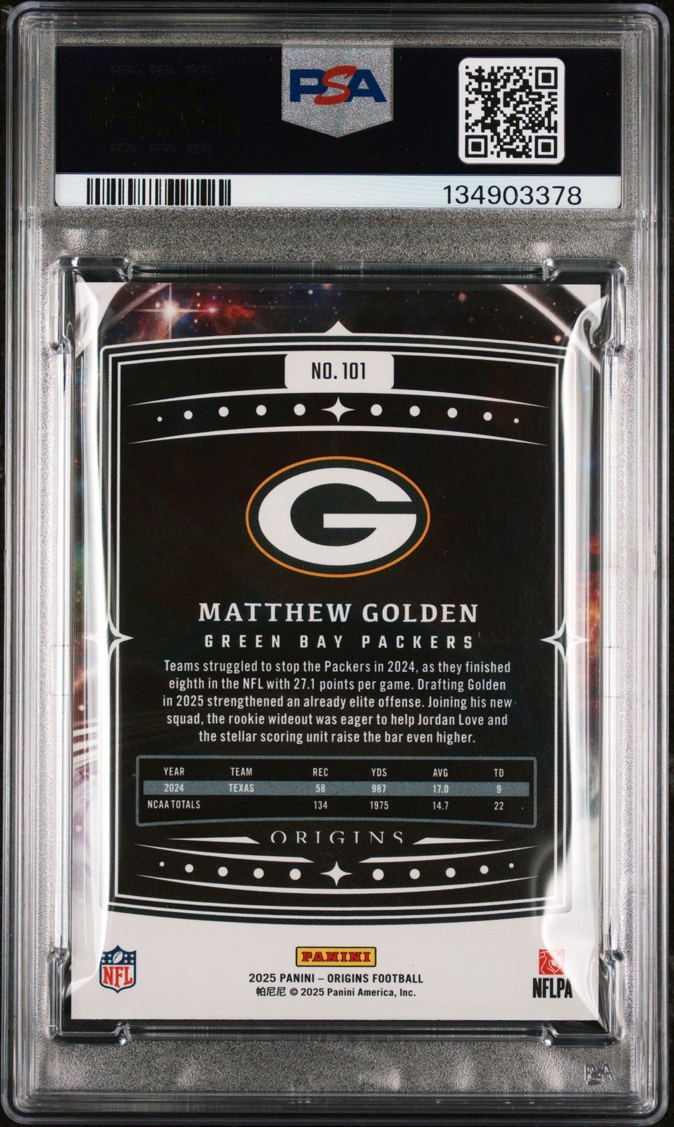 Graded 2025 Panini Origins Matthew Golden #101 Rookie RC Card PSA 9