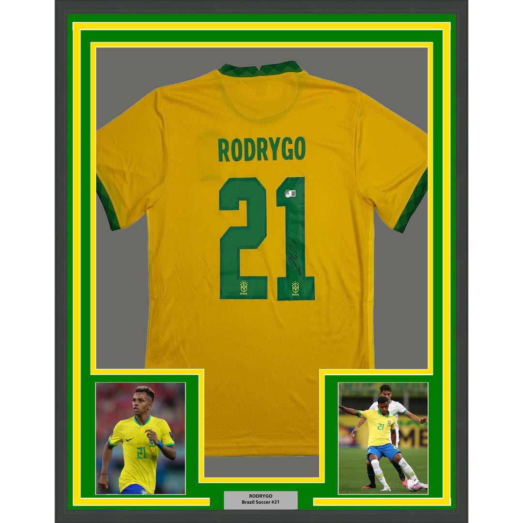 Framed Autographed/Signed Rodrygo Silva de Goes 35x39 Brazil Jersey Beckett COA