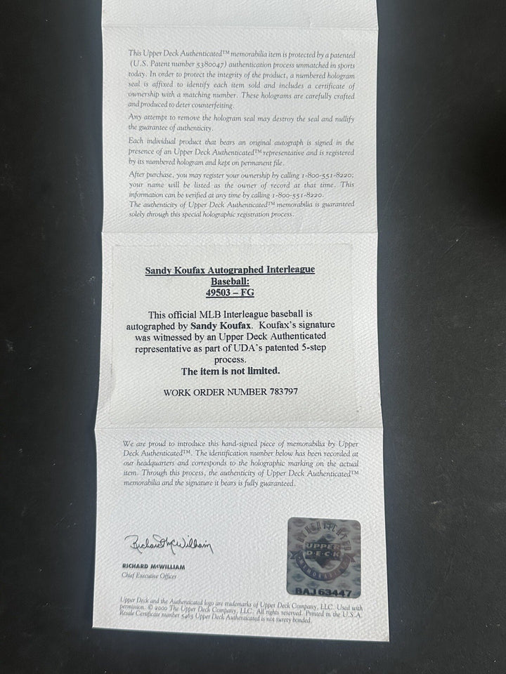 Sandy Koufax Signed Official Mlb Baseball Hof Auto Upper Deck Uda Coa W/ Case
