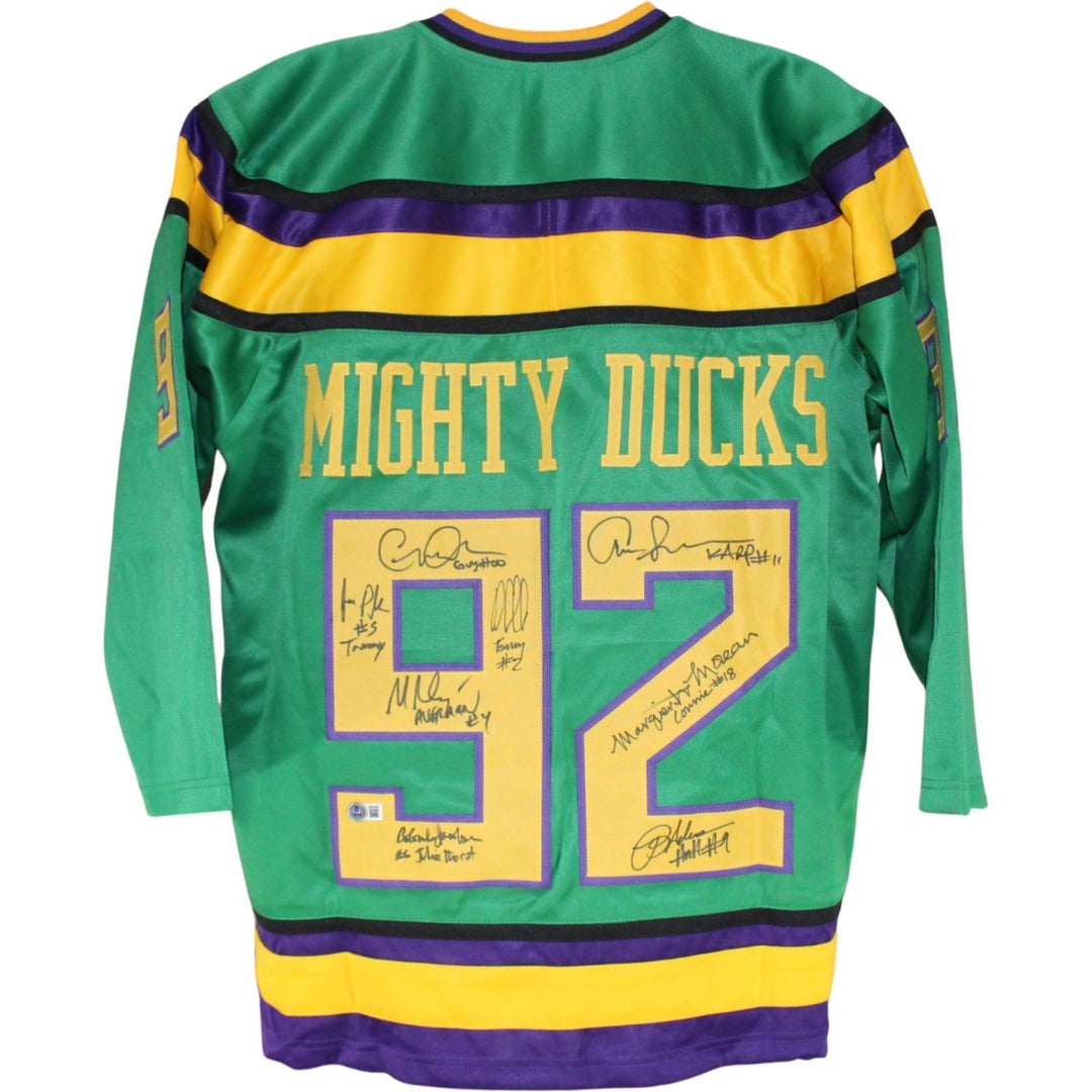 The Mighty Ducks Movie Autographed Green Jersey sz XL 8 Sigs Beckett 52785