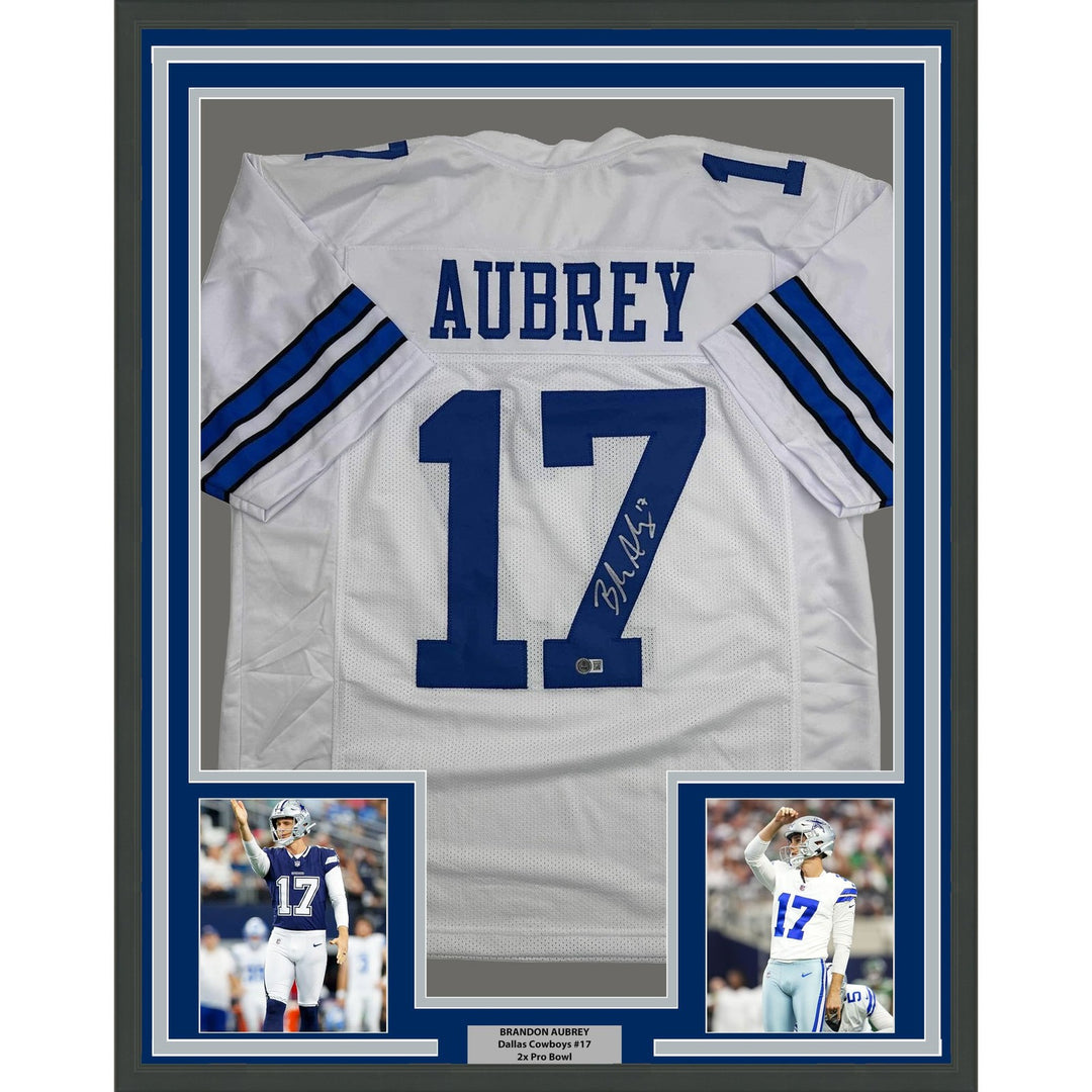 Framed Autographed/Signed Brandon Aubrey 35x39 Dallas White Jersey BAS COA