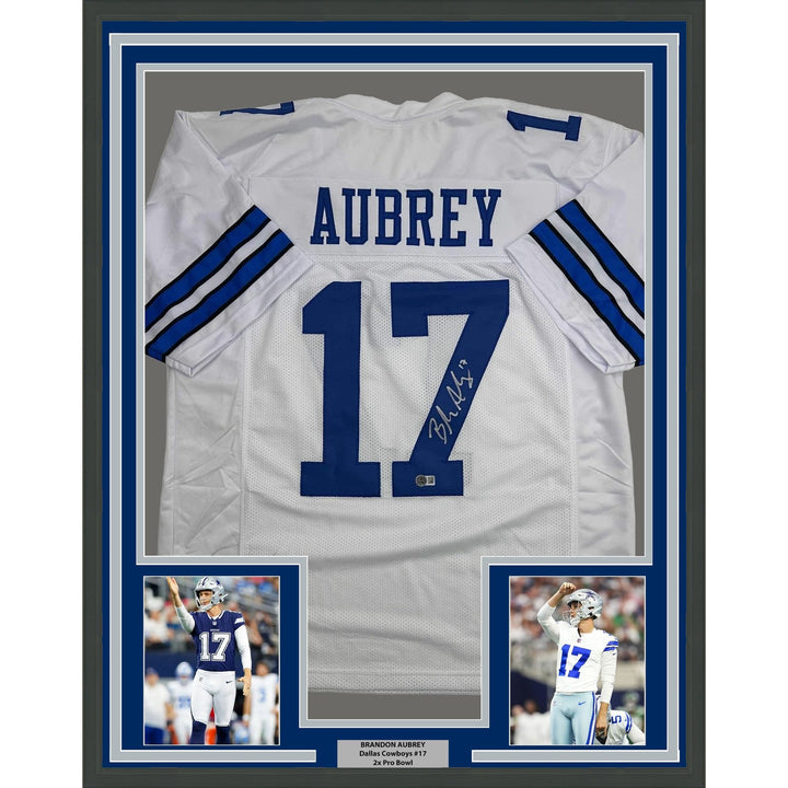 Framed Autographed/Signed Brandon Aubrey 35x39 Dallas White Jersey BAS COA