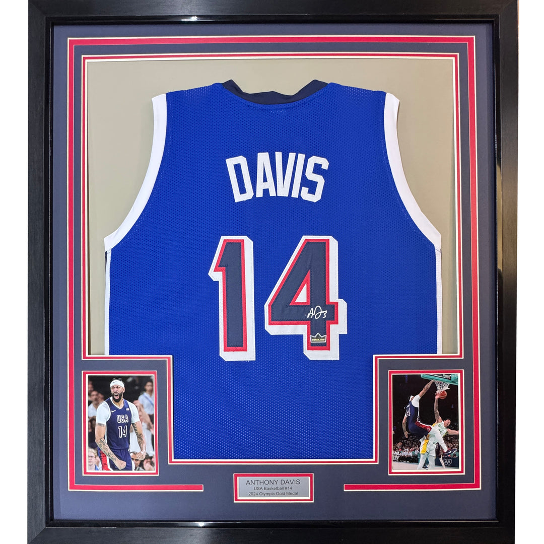 Framed Facsimile Autographed Anthony Davis 35x39 2024 USA Blue Reprint Jersey
