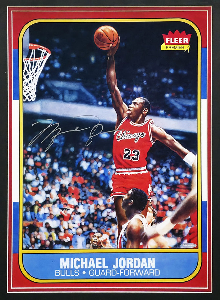 Michael Jordan Auto Signed Framed 1986 Fleer RC 57 Blow Up Poster Bulls UDA Holo