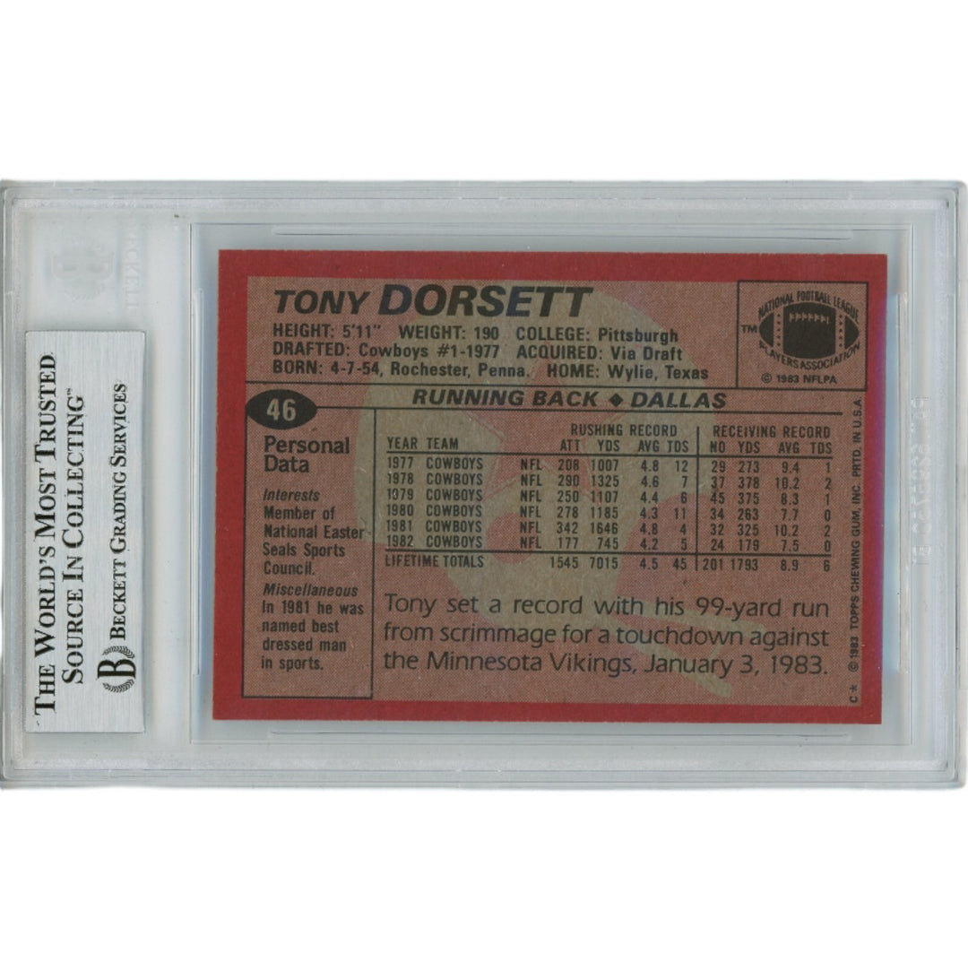 Tony Dorsett Autographed 1983 Topps 46 Slabbed Trading Card Beckett 45910