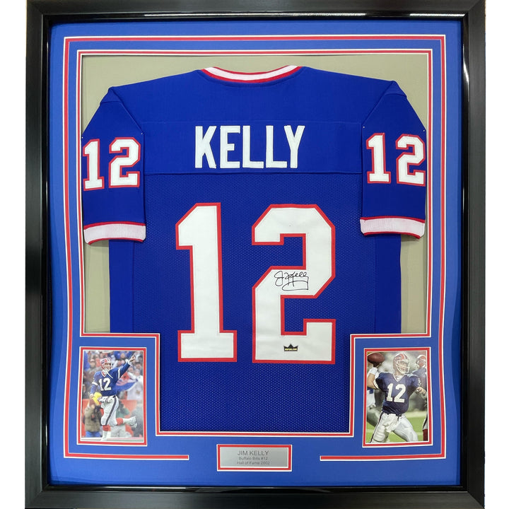 Framed Facsimile Autographed Jim Kelly 33x42 Buffalo Blue Reprint Laser Jersey