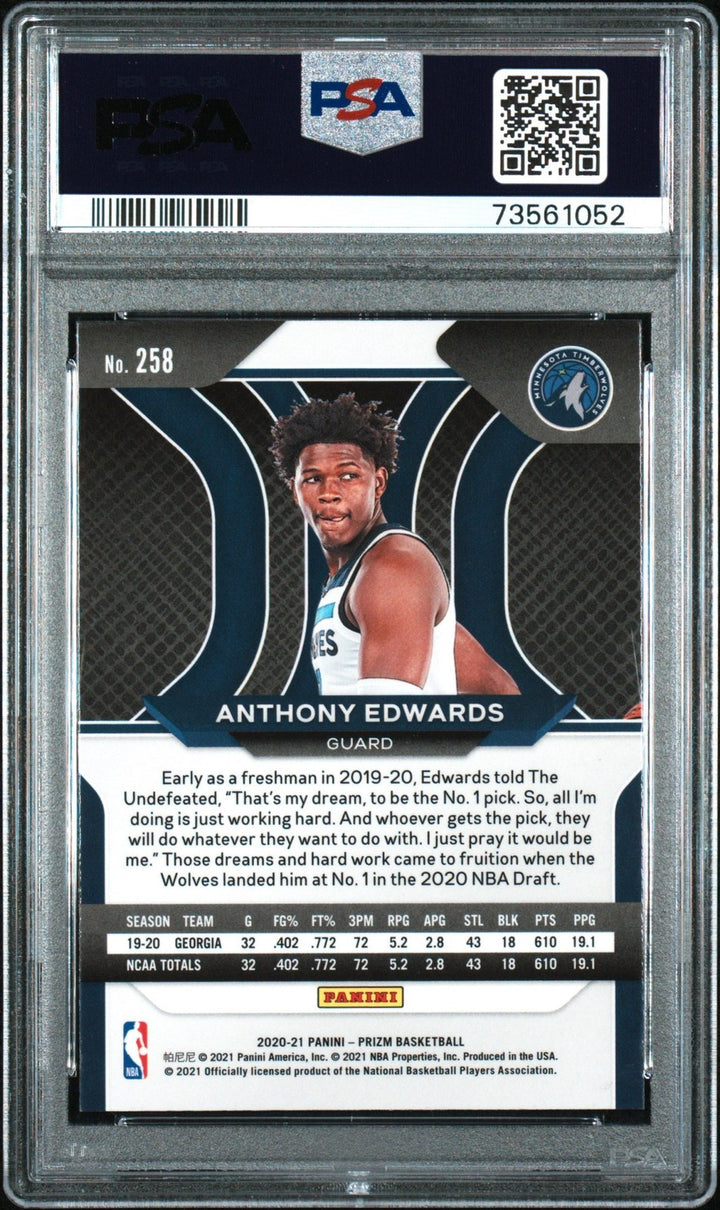 Graded 2020-21 Panini Prizm Anthony Edwards #258 Rookie RC Card PSA 9
