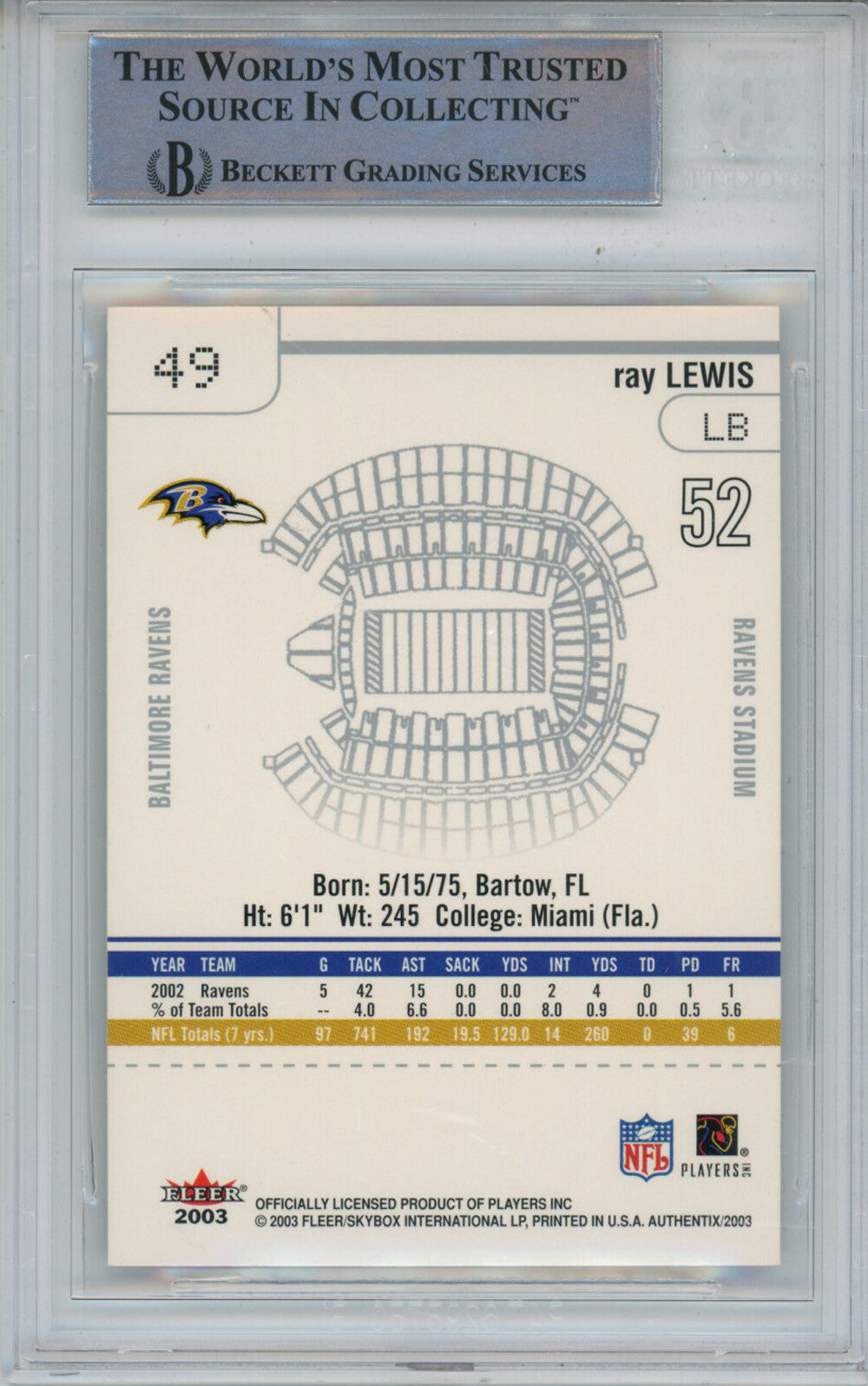 Ray Lewis Signed 2003 Fleer Authentix #49 Trading Card Beckett Slab 43363